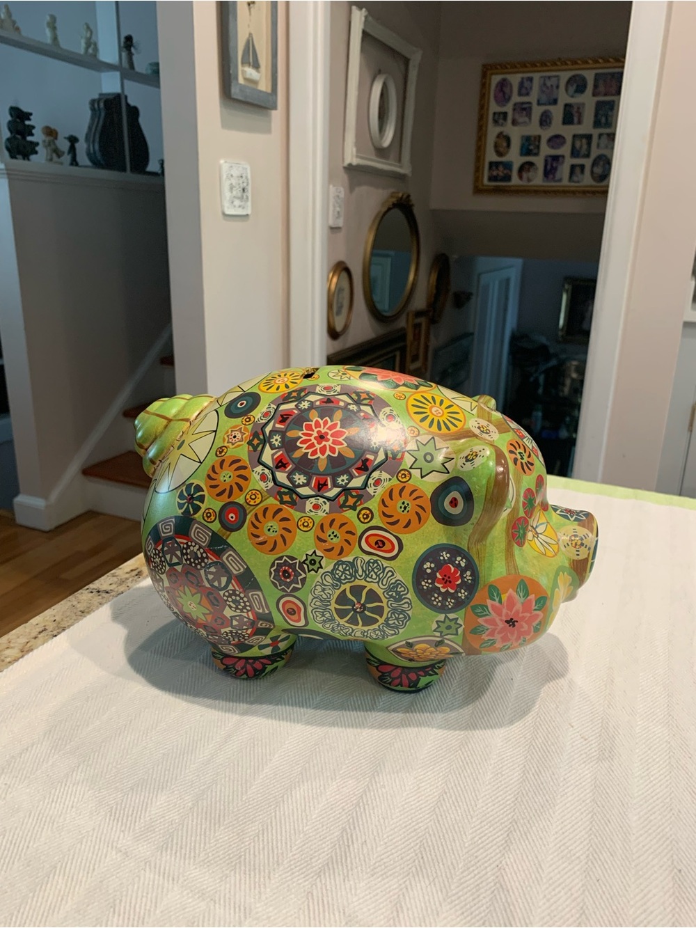 Decorative Floral Ceramic Piggy Bank - Green
